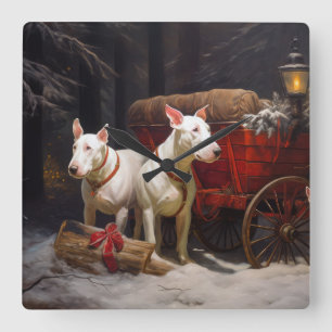Horloge Carrée Bull Terrier enneigé Traîneau Décoration de Noël