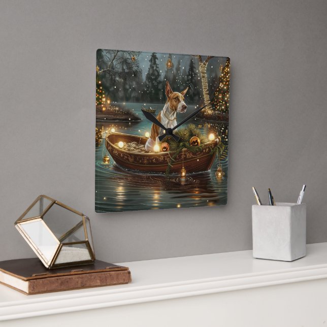 Horloge Carrée Bull Terrier Noël Festive Voyage (Bureau)