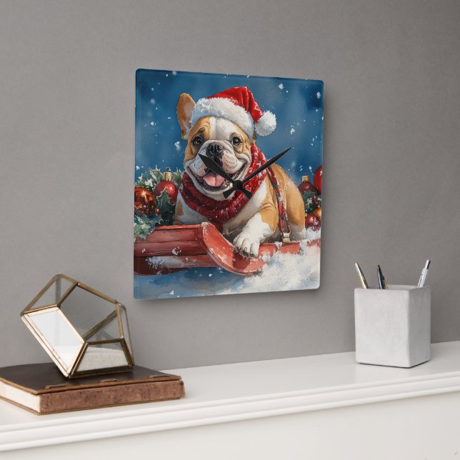 Horloge Carrée Bulldog dans Sledge Let it Neige Noël (Bureau)