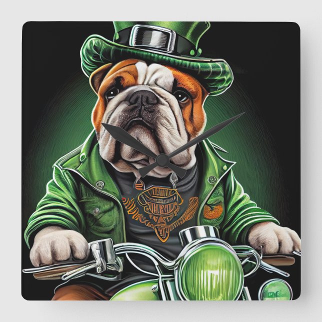 Horloge Carrée Bulldog Driving Bike St. Patrick's Day (Recto)