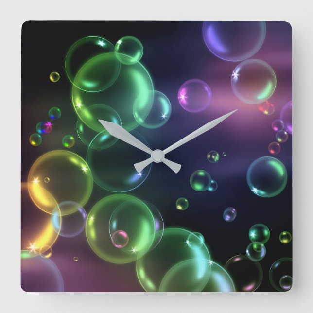 Horloge Carrée Bulle Iridescente sur noir (Recto)