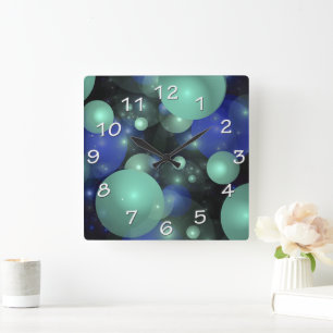 Horloge Carrée Bulles flottantes bleues contemporaines Abstraites