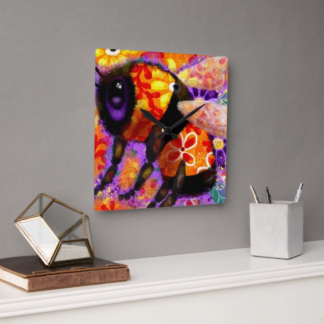 Horloge Carrée Bumble Whimsical Bee Floral Rouge Jaune violet (Bureau)