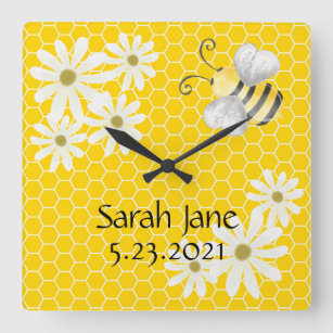 Horloge Carrée Bumblebee avec peigne de miel et marguerite Signat