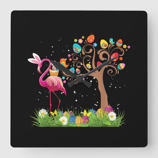 Horloge Carrée Bunny Flamingo Easter | Cute Flamingo Lovers (Recto)