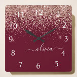 Horloge Carrée Burgundy Rose Gold Blush Pink Glitter Monogram<br><div class="desc">Rose Gold - Blush Pink and Burgundy Sparkle Glitter Script Monogram Name Clock. This makes the perfect sweet 16 birthday,  wedding,  bridal shower,  anniversary,  baby shower or bachelorette party gift for someone that loves glam luxury and chic styles.</div>
