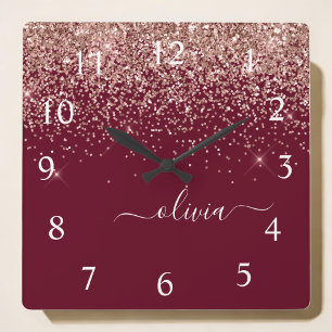 Horloge Carrée Burgundy Rose Gold Blush Pink Glitter Monogram