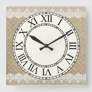 Horloge Carrée Burlap et dentelle/visage de chiffres romains jaun
