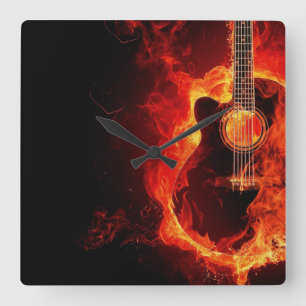 Horloge Carrée Burning Guitar, Orange Flames Music Rock Band