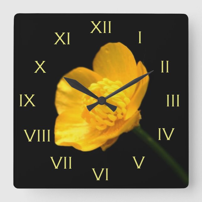 Horloge Carrée Buttercup Fleur Jaune Romain Numéros wc (Recto)