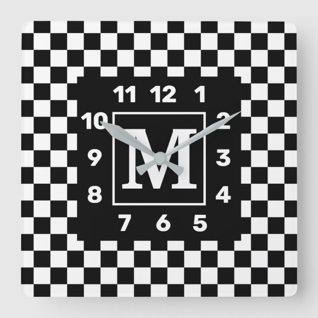 Horloge Carrée BW Checkered Square Wall Clock (Recto)