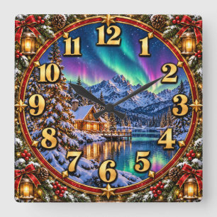 Horloge Carrée Cabane de Noël de la montagne des lumières du Nord