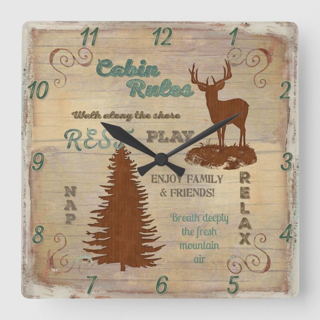 Horloge Carrée Cabine Rules Mountain ou Lake Lodge Home Decor (Recto)