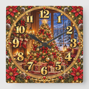 Horloge Carrée Cabinet de vacances cosy avec sapin de Noël