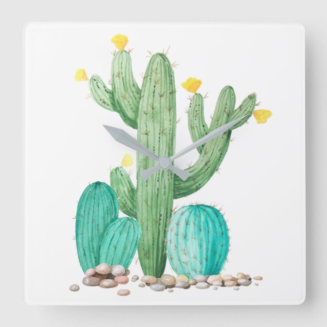 Horloge Carrée Cactus Cacti Succulent Southwest Desert Watercolor (Recto)