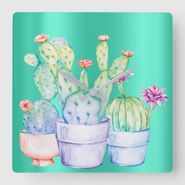 Horloge Carrée Cactus Fleurs Monnaie rose Pêche Corail Peinture (Recto)