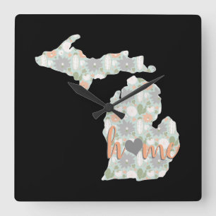 Horloge Carrée Cactus Rempli Michigan Silhouette Avec Maison