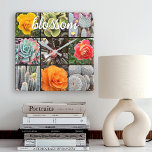 Horloge Carrée Cactus Rose Photo Collage Blossom Citation Script<br><div class="desc">Brillamment rouge, jaune et orange roses et vert luxuriant, aqua et cactus noirs crient chauds, les jours d'été. Profitez des fleurs et de l'atmosphère paisible d'un jardin animé chaque fois que vous regardez l'heure sur cette étonnante horloge murale de photographie graphique. Fait un grand cadeau de ménage! Vous pouvez facilement...</div>