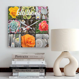 Horloge Carrée Cactus Rose Photo Collage Blossom Citation Script