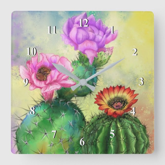Horloge Carrée Cactus Rouge Violet Fleurs De Cactus Rouge Migné A (Recto)