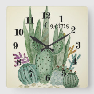 Horloge Carrée Cactus watercolor cacti flowers floral desert illu