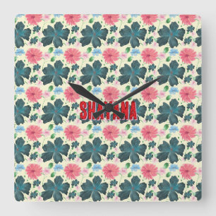 Horloge Carrée Cadeau à motif floral personnalisé aquarelle