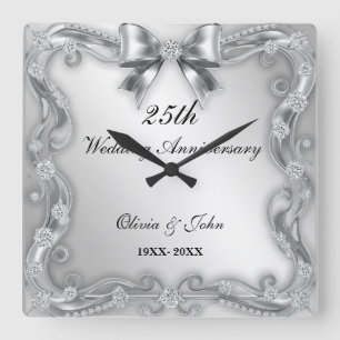 Horloge Carrée Cadeau de 25e anniversaire de mariage Diamants & A