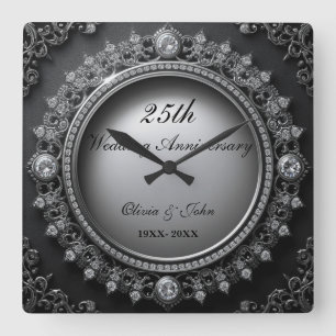Horloge Carrée Cadeau de 25e anniversaire de mariage Diamants & A