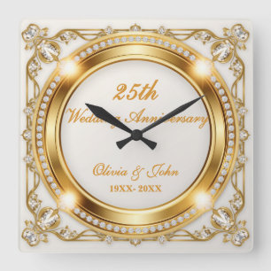 Horloge Carrée Cadeau de 25e anniversaire de mariage diamants et