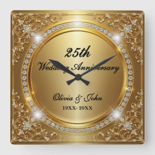Horloge Carrée Cadeau de 25e anniversaire de mariage diamants et