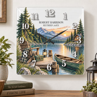 Horloge Carrée Cadeau de retraite pêche lac rustique