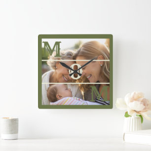Horloge Carrée Cadeau Minimaliste Vert Olive avec Photo pour Mama