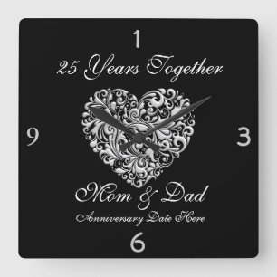 Horloge Carrée CADEAU MUR DE L'ARGENT PARENTS 25e Anniversaire