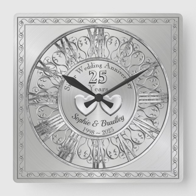 Horloge Carrée Cadeau personnalisé 25h Mariage d'argent Anniversa (Recto)