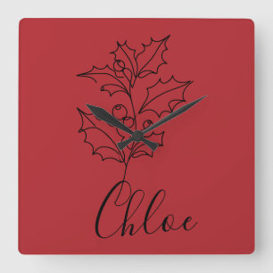 Horloge Carrée Cadeau personnalisé Décembre Holly Flower