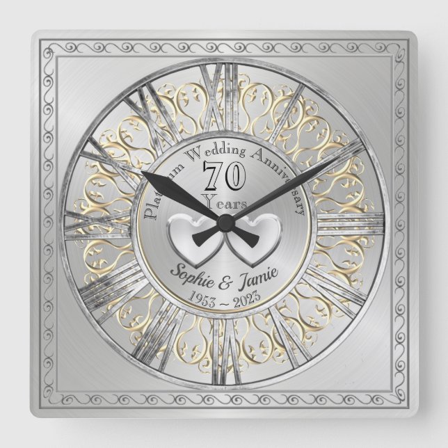 Horloge Carrée Cadeau Personnalisé Mariage Platine Anniversaire (Recto)