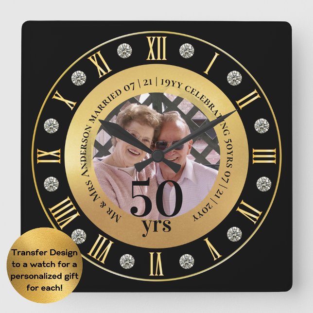 Horloge Carrée Cadeau PHOTO pour les 50 ans de mariage Jubilé d'o (Créateur téléchargé)