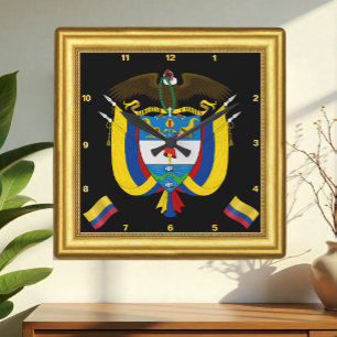 Horloge Carrée Cadran Colombie, Cadre Doré, Emblème, Vintage