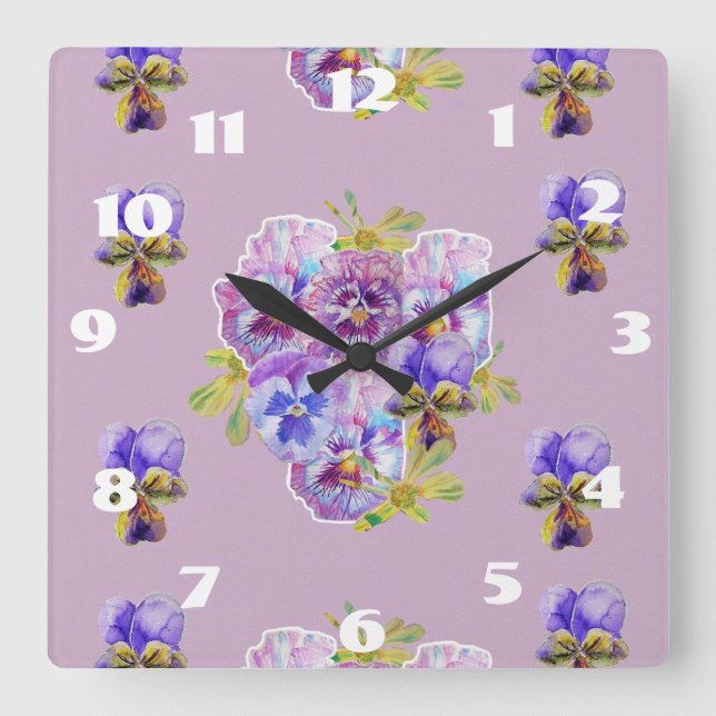 Horloge Carrée Cadran de chambre floral de pensée de lilas de sty (Recto)