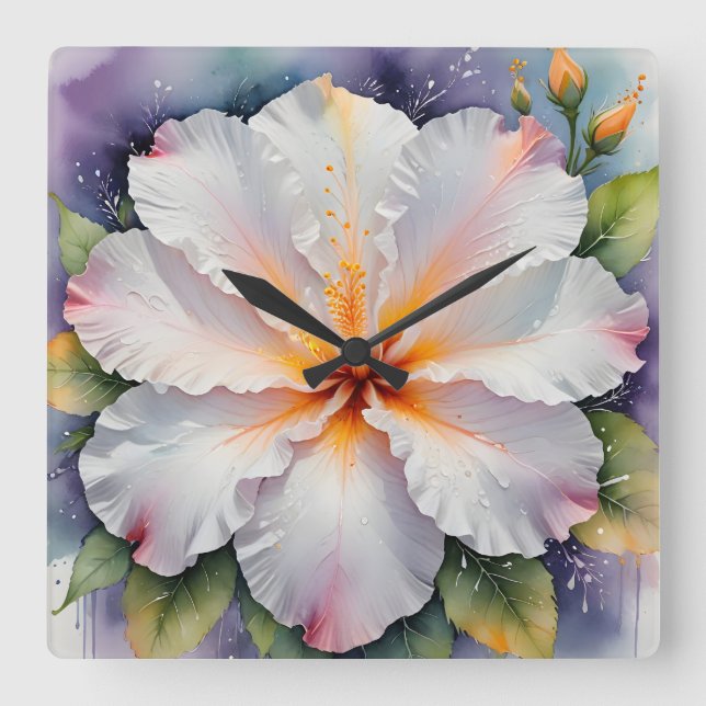 Horloge Carrée cadran de fleur d'hibiscus blanc (Recto)