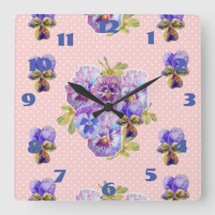 Horloge Carrée Cadran de l'horloge Shabby Chic Fleurs de Pensées 
