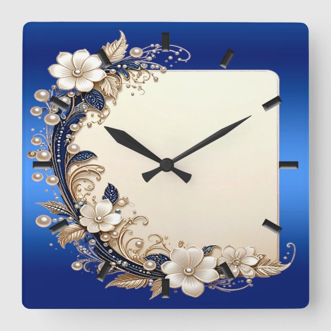 Horloge Carrée Cadran de mur orné de fleurs blanches bleues (Recto)