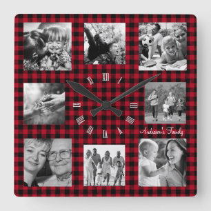 Horloge Carrée Cadran de photo de famille, Collage de 8, Plaid Bu