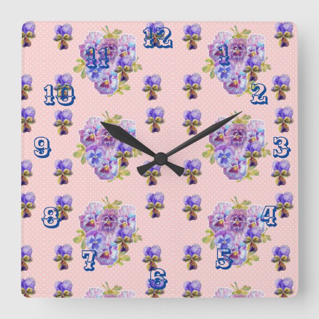 Horloge Carrée Cadran d'horloge Shabby Chic Pink Pansies Art Flor (Recto)