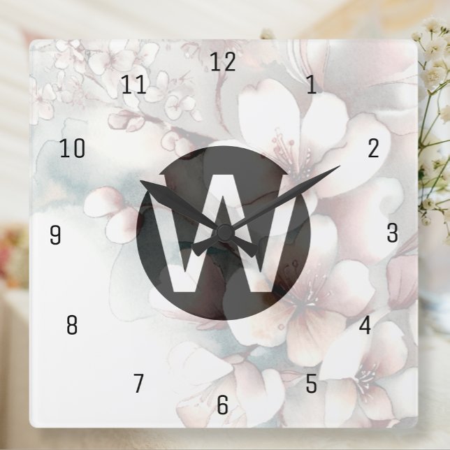 Horloge Carrée Cadran Monogramme Fleur de Cerisier (Créateur téléchargé)