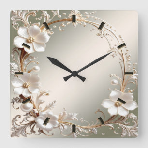Horloge Carrée Cadran mural à cadre floral blanc orné