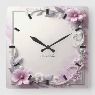 Horloge Carrée Cadran mural à cadre floral rose
