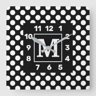 Horloge Carrée Cadran mural carré à pois monogrammé noir et blanc