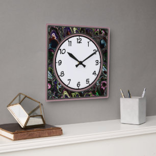 Horloge Carrée Cadran mural carré déco tourbillons colorés métall