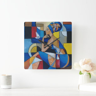 Horloge Carrée Cadran mural cubiste de femme africaine Géométri
